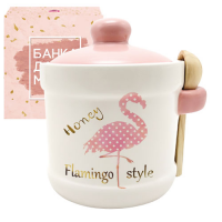 Банка для мёда с деревянной ложкой, керамика, S&T, в подарочной упаковке - 450мл Фламинго